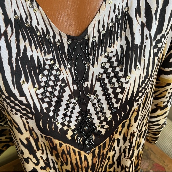 Chico’s 30 year beaded animal print silky poly tunic top 2 12 14 B: 46” lovely! - Picture 2 of 11